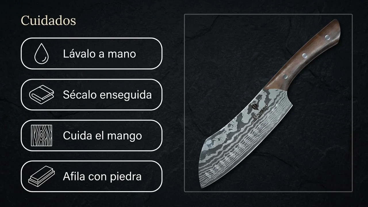 Mantenimiento del cuchillo damasco SANMEIHO de 23 cm: lavado a mano, secado inmediato, cuidado del mango y afilado en piedra