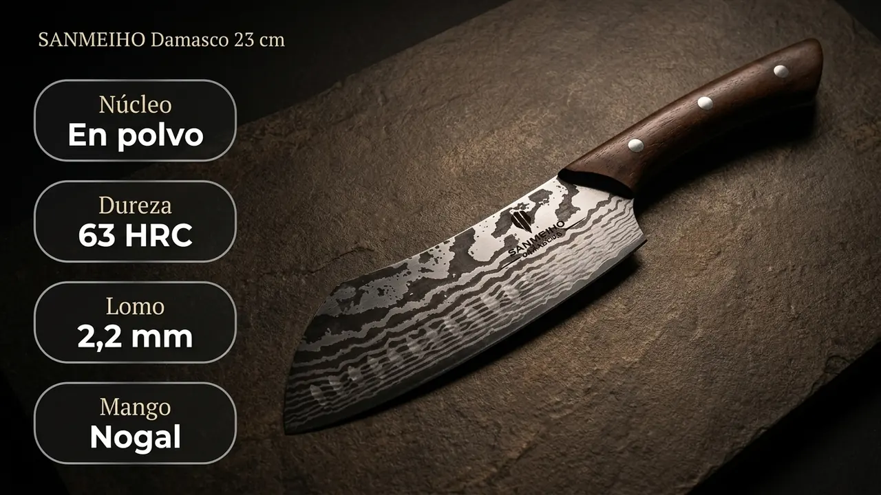 Datos del cuchillo damasco SANMEIHO de 23 cm: nucleo en polvo a 63 HRC, lomo de 2,2 mm y mango de nogal natural