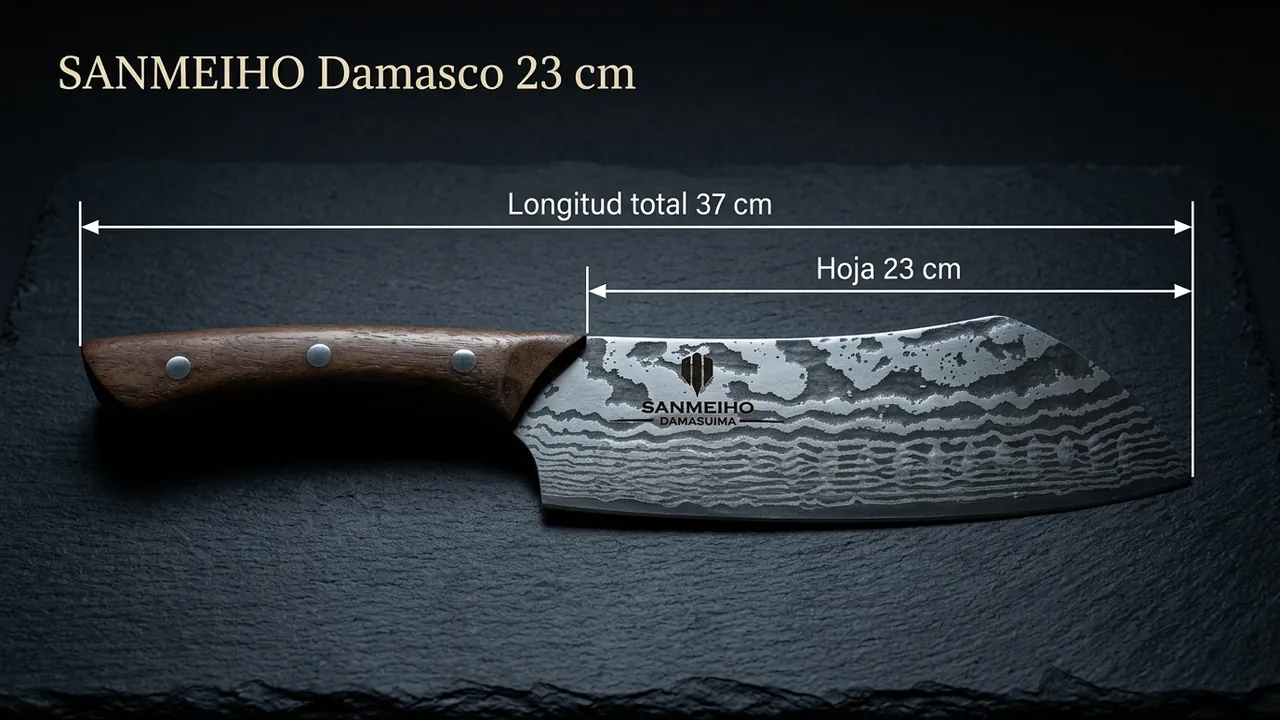 Cotas del cuchillo damasco SANMEIHO de 23 cm: 37 cm de longitud total y hoja ancha de 23 cm sobre pizarra