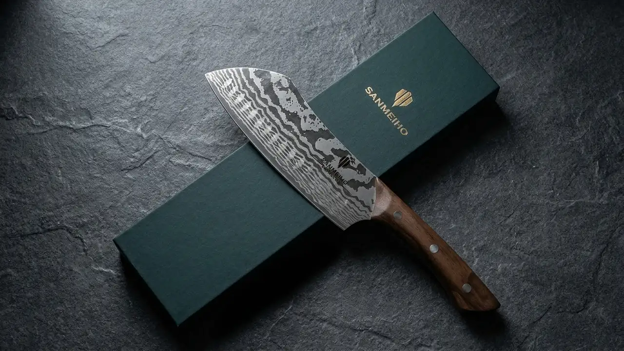 Cuchillo damasco SANMEIHO de 23 cm visto desde arriba junto a su caja de regalo cerrada sobre piedra gris