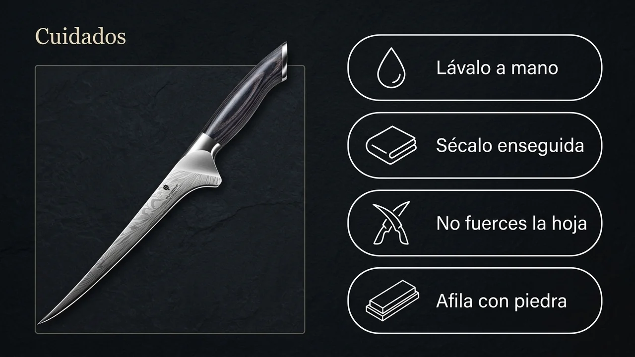 Cuidados del fileteador SANMEIHO Koraka: lavar a mano, secar enseguida, no forzar la hoja flexible y afilar en piedra