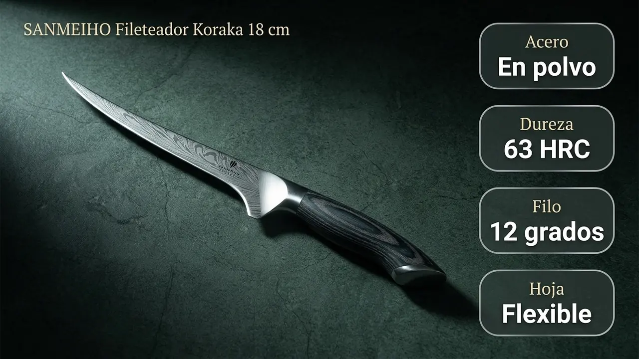 Especificaciones del fileteador SANMEIHO Koraka: acero en polvo a 63 HRC, filo a 12 grados y hoja flexible