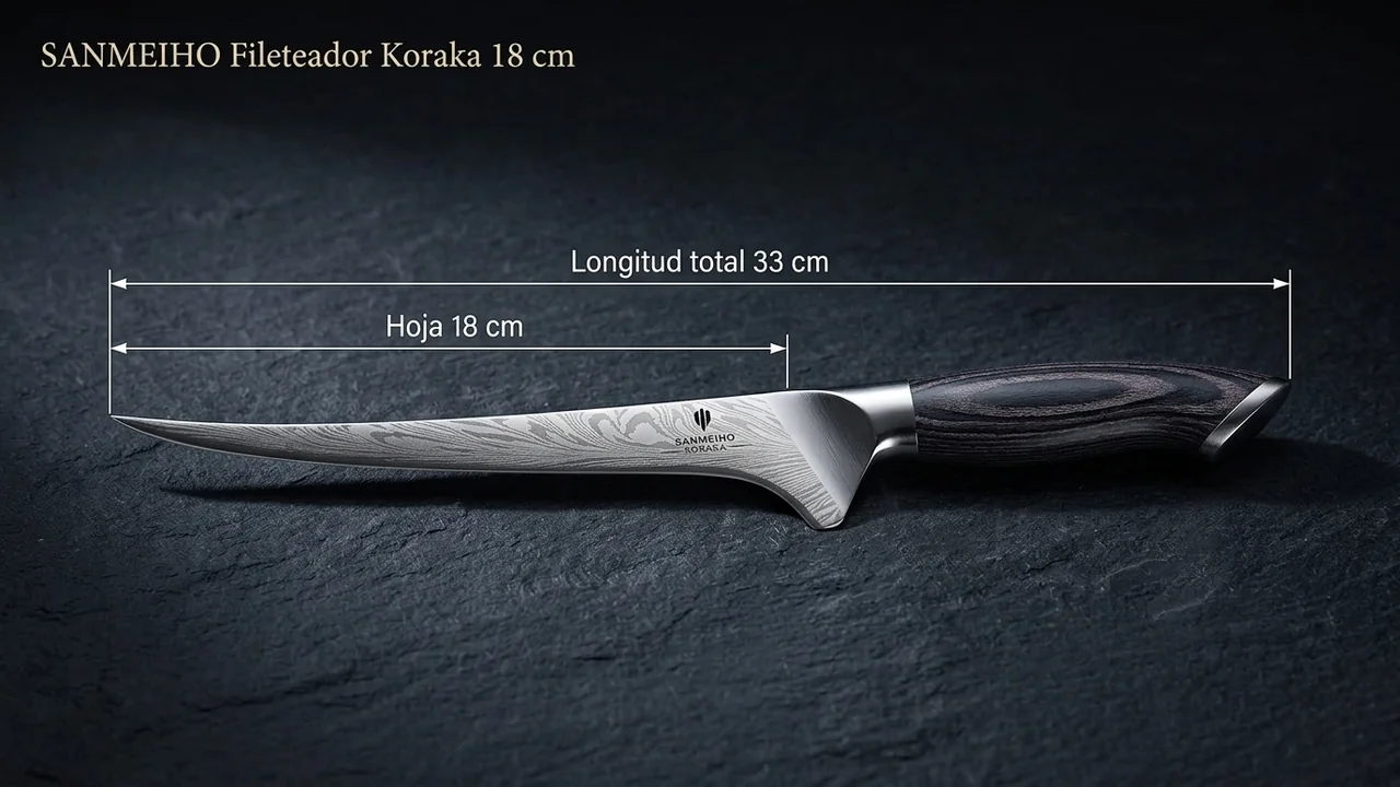 Cotas del fileteador SANMEIHO Koraka: 33 cm de largo total y hoja estrecha de 18 cm sobre piedra basaltica