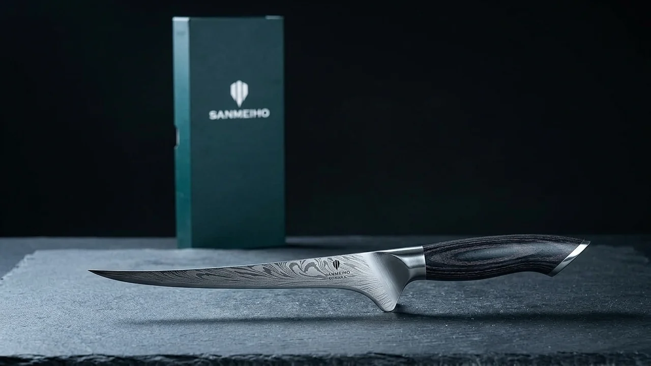 Fileteador SANMEIHO Koraka de hoja flexible tumbado ante su estuche verde vertical sobre pizarra gris