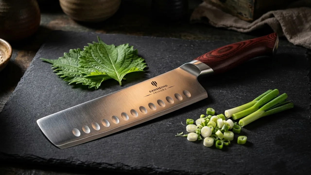 Cuchillo nakiri SANMEIHO OKINAWA de 18 cm con hoja rectangular de hoyuelos y mango de pakka rojizo, sobre pizarra oscura junto a hojas de shiso y cebolleta cortada