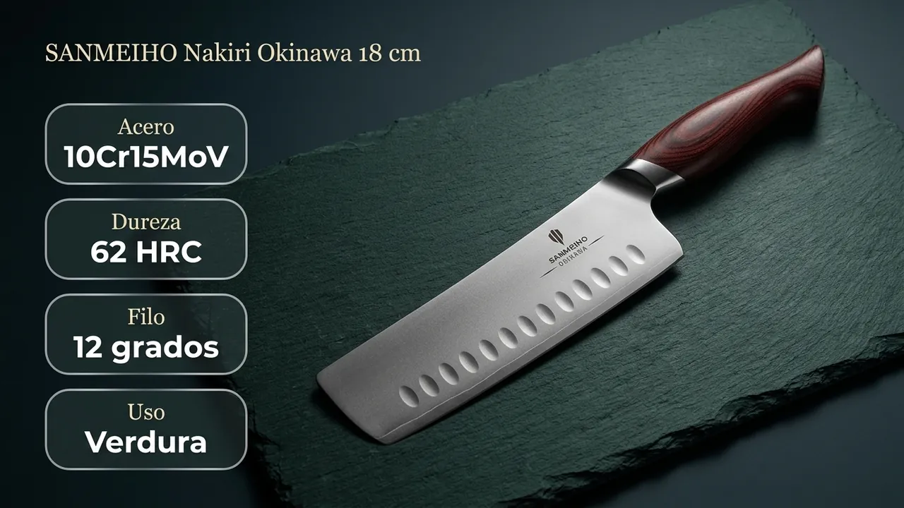 Datos del nakiri SANMEIHO Okinawa: acero 10Cr15MoV, 62 HRC, filo a 12 grados y uso especifico en verdura