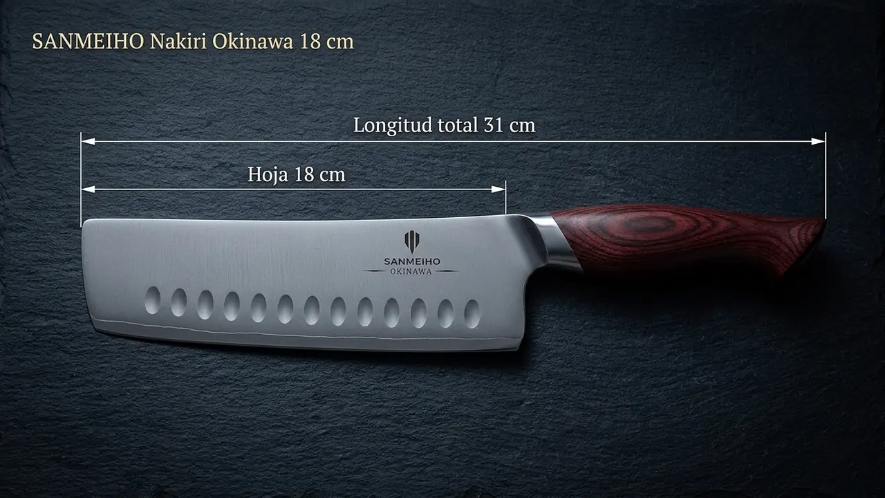 Cotas del nakiri SANMEIHO Okinawa: 31 cm de largo total y hoja recta de 18 cm sobre pizarra negra