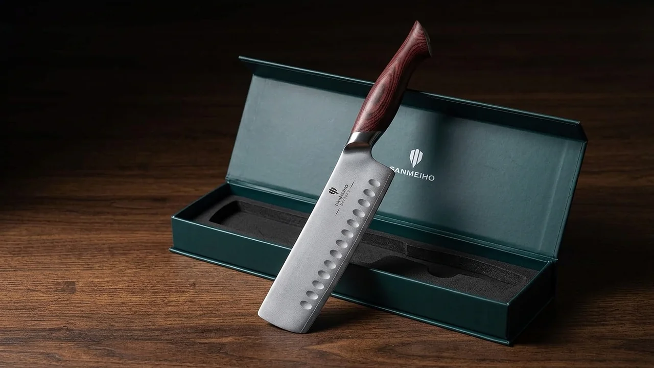 Nakiri SANMEIHO Okinawa de hoja rectangular apoyado en su estuche verde sobre madera oscura