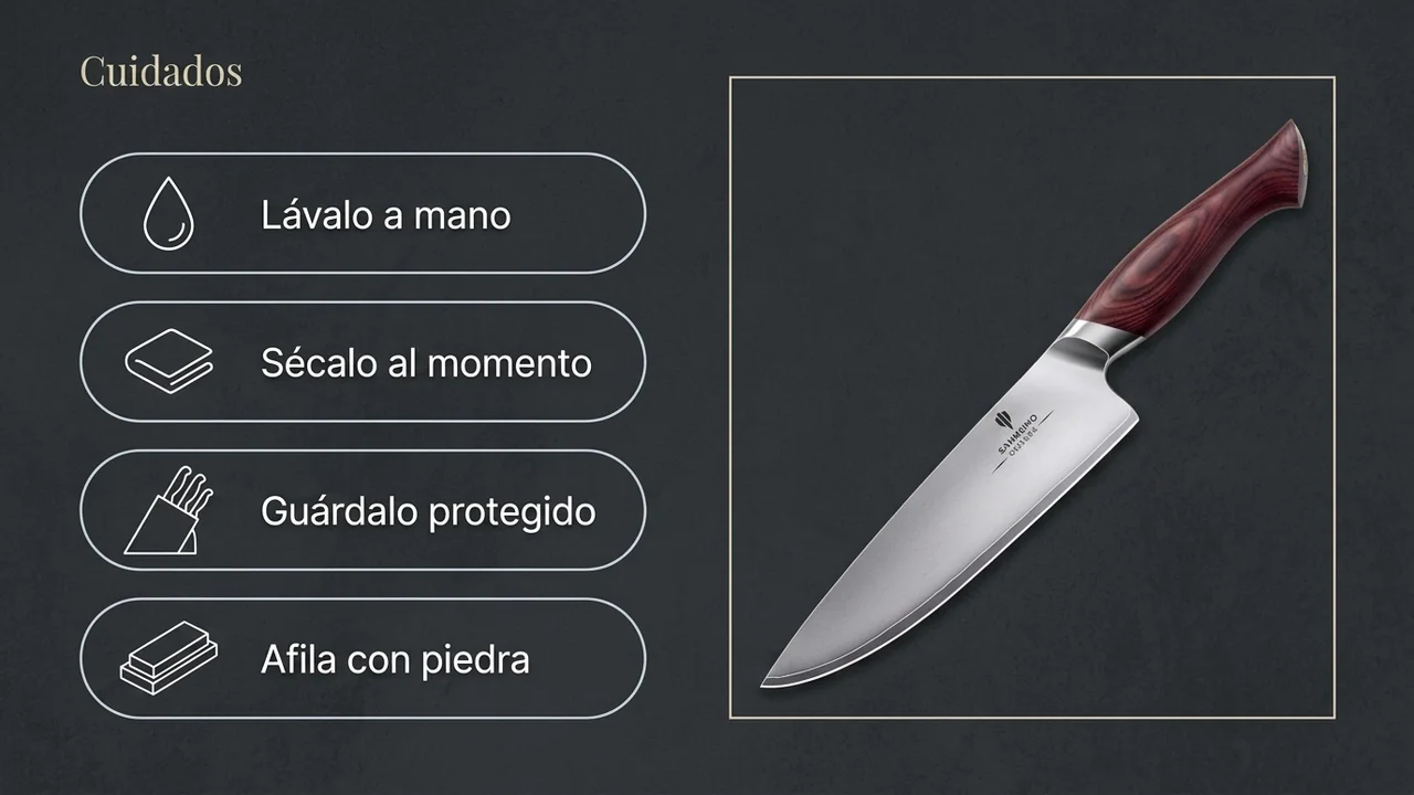 Cuatro pautas de mantenimiento del chef SANMEIHO Okinawa: lavar a mano, secar enseguida, guardar protegido y afilar con piedra