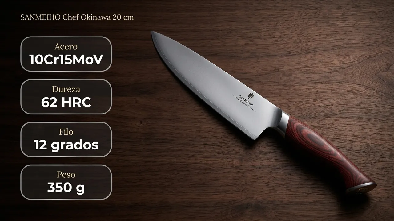 Especificaciones del chef SANMEIHO Okinawa: acero 10Cr15MoV a 62 HRC, filo a 12 grados y 350 gramos de peso