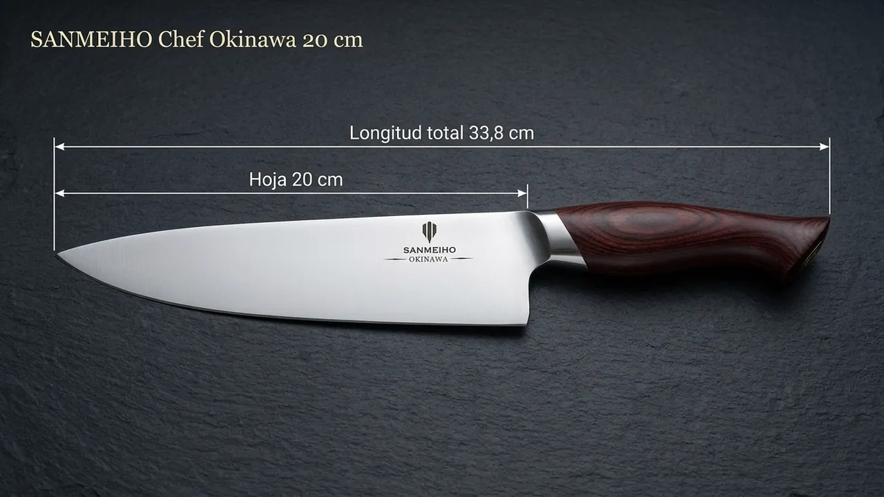 Cotas del cuchillo de chef SANMEIHO Okinawa: 33,8 cm de largo total y hoja de 20 cm sobre fondo de pizarra
