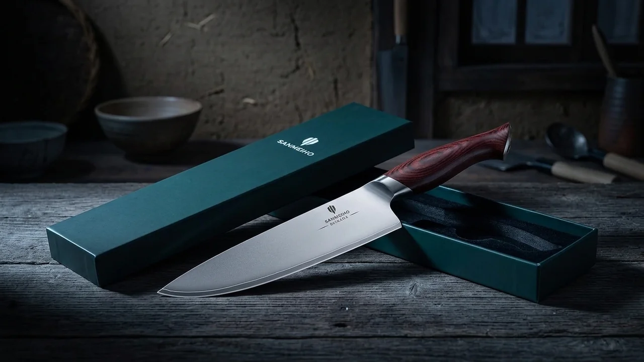 Cuchillo de chef SANMEIHO Okinawa de 20 cm apoyado en su caja de regalo abierta sobre tablones de madera envejecida