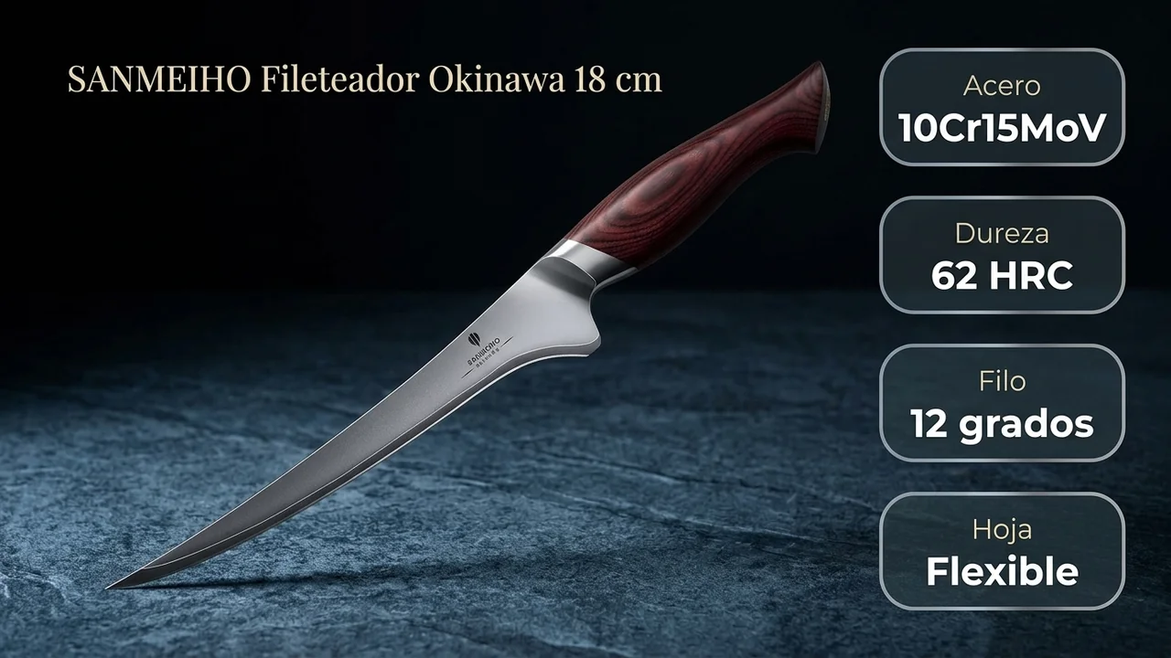 Ficha tecnica del fileteador SANMEIHO Okinawa: acero 10Cr15MoV a 62 HRC, filo a 12 grados y hoja flexible