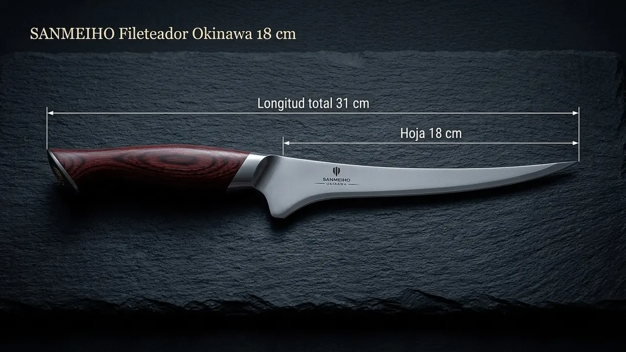 Medidas del fileteador SANMEIHO Okinawa: 31 cm de longitud total y 18 cm de hoja acotados sobre pizarra