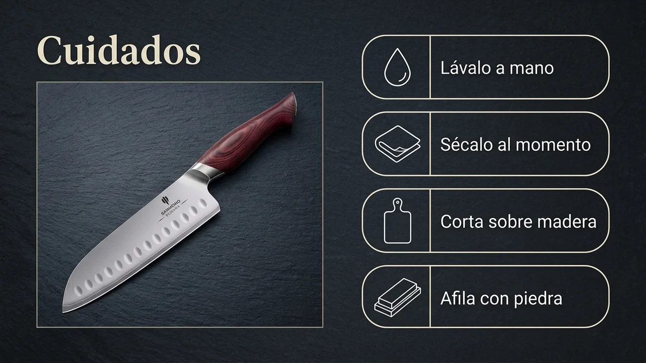 Cuidados del santoku SANMEIHO Okinawa: lavado a mano, secado inmediato, corte sobre madera y afilado con piedra