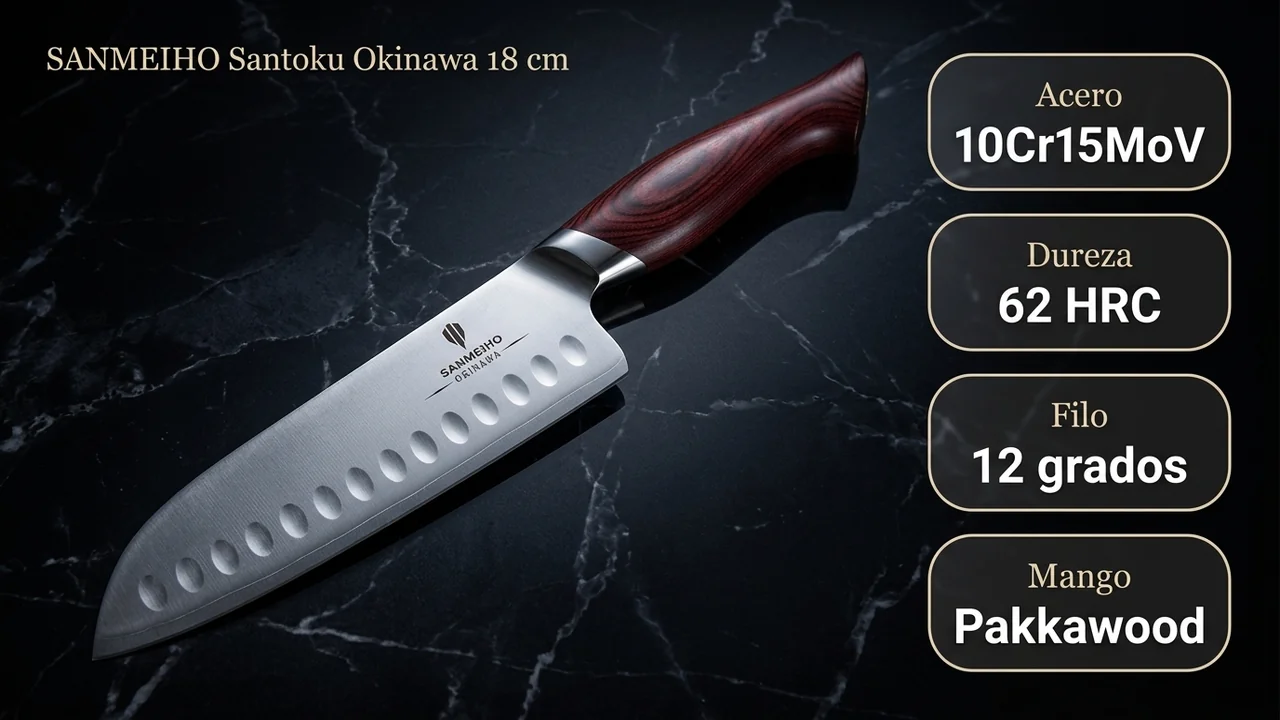 Ficha tecnica del santoku SANMEIHO Okinawa: acero 10Cr15MoV, 62 HRC de dureza, filo a 12 grados y mango de pakkawood