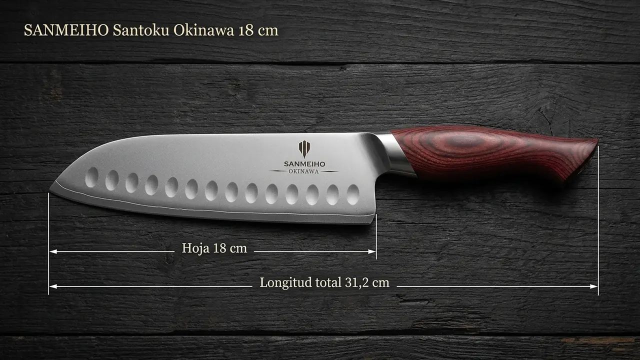 Medidas del santoku SANMEIHO Okinawa: 31,2 cm de longitud total y 18 cm de hoja, acotadas sobre madera oscura