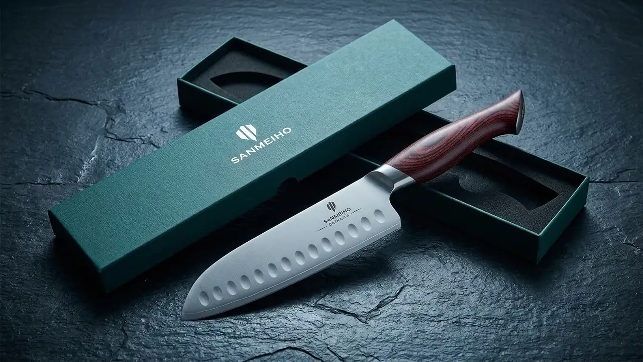 Cuchillo santoku SANMEIHO Okinawa de 18 cm junto a su estuche de regalo verde abierto sobre pizarra oscura