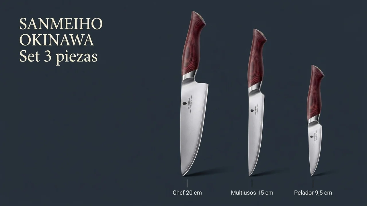 Las tres piezas del juego OKINAWA por tamaño: chef de 20 cm, multiusos de 15 y pelador de 9,5, con hoja mate y mango rojizo