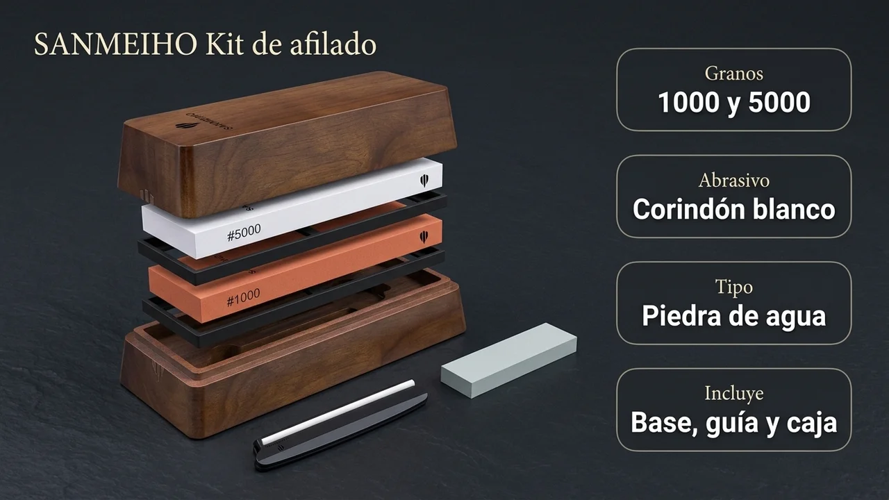 Ficha técnica del kit de afilado SANMEIHO: granos 1000 y 5000, corindón blanco, piedra de agua y accesorios incluidos