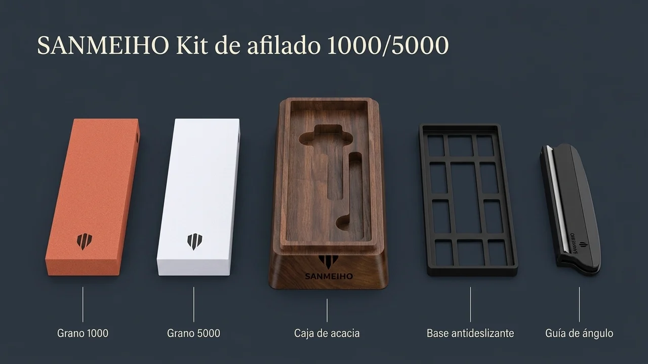 Las cinco piezas del kit de afilado SANMEIHO: piedra de grano 1000, piedra de 5000, caja de madera, base antideslizante y guía de ángulo