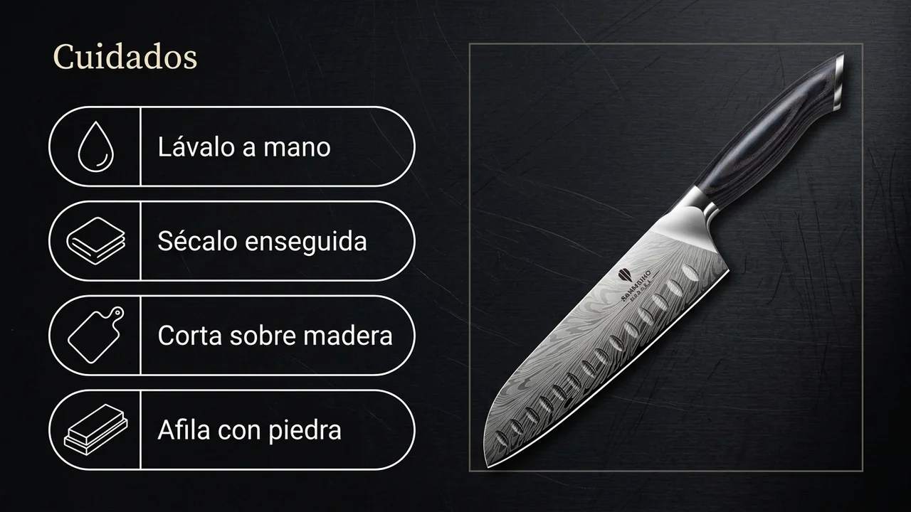 Cuidados del santoku SANMEIHO Koraka: lavado a mano, secado inmediato, corte en tabla de madera y afilado en piedra