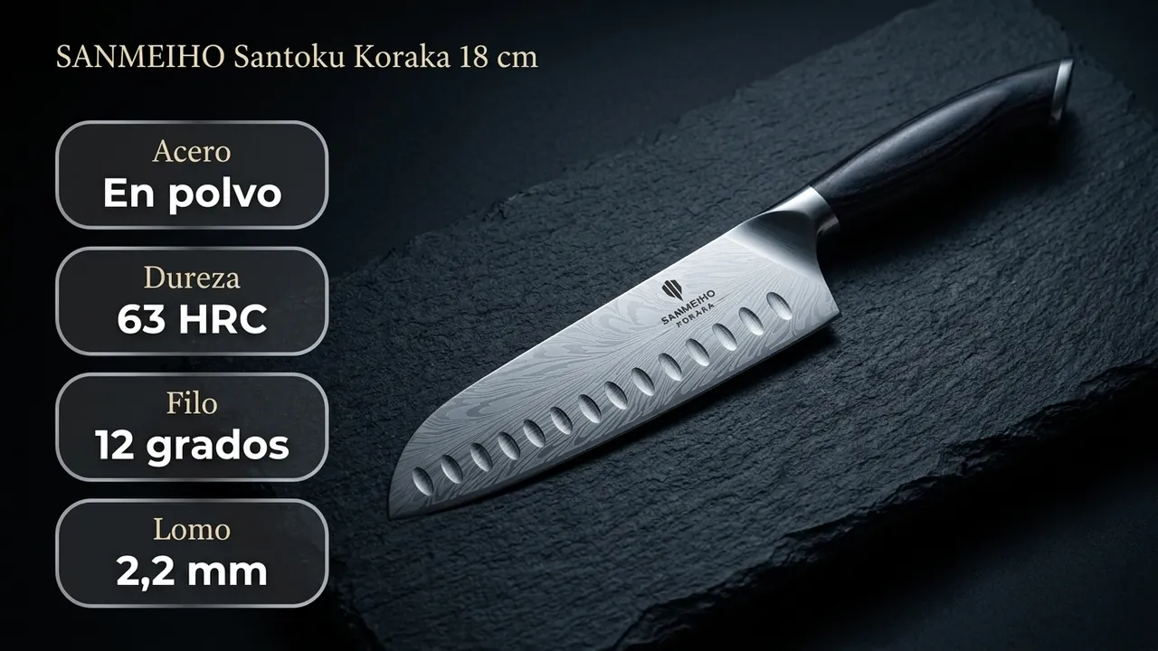 Ficha del santoku SANMEIHO Koraka: acero en polvo a 63 HRC, filo a 12 grados y lomo de 2,2 milimetros