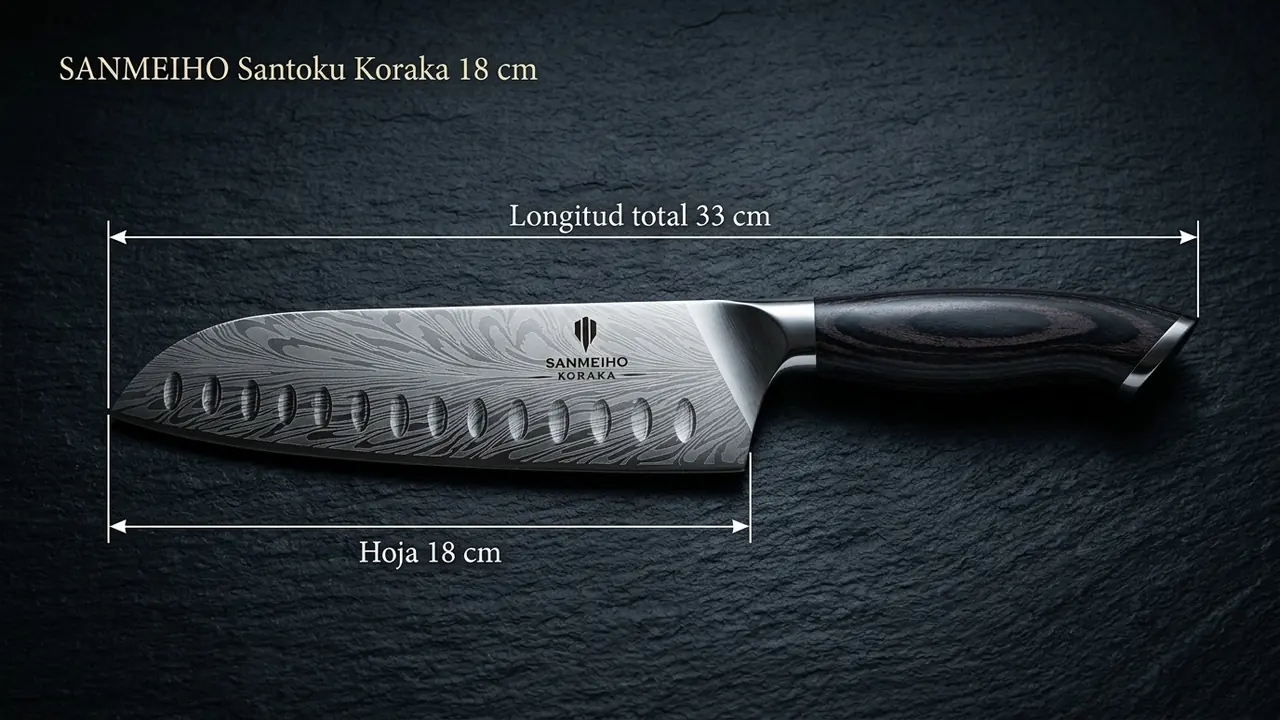 Cotas del santoku SANMEIHO Koraka: 33 cm de longitud total y 18 cm de hoja sobre pizarra negra