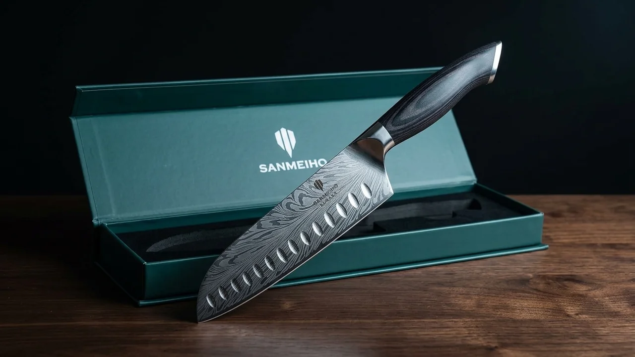 Santoku SANMEIHO Koraka de 18 cm apoyado sobre su estuche verde abierto en una mesa de nogal oscuro