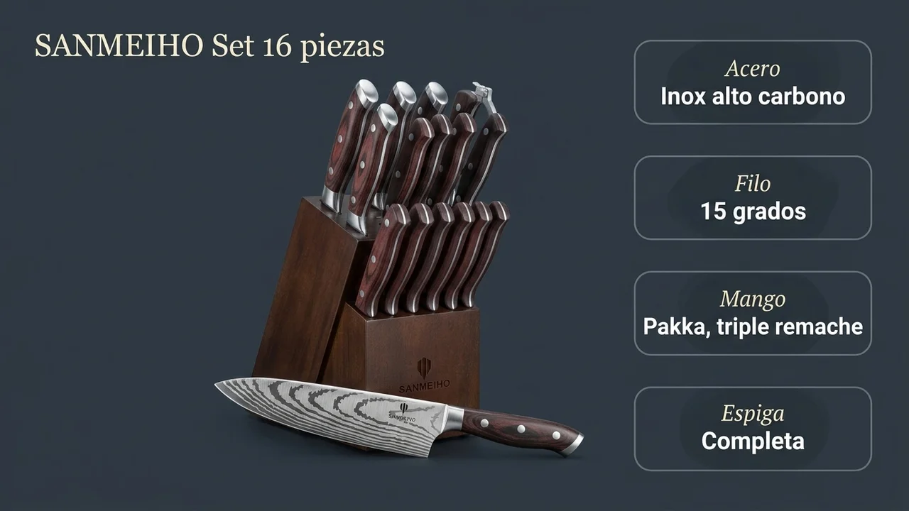 Ficha técnica del juego SANMEIHO de 16 piezas: acero inoxidable de alto carbono, filo a 15 grados, mango de pakka con triple remache y espiga completa