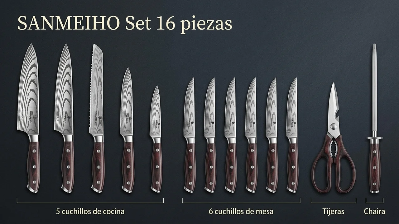 Las piezas del juego SANMEIHO de 16 agrupadas: cinco cuchillos de cocina, seis de mesa, unas tijeras y una chaira