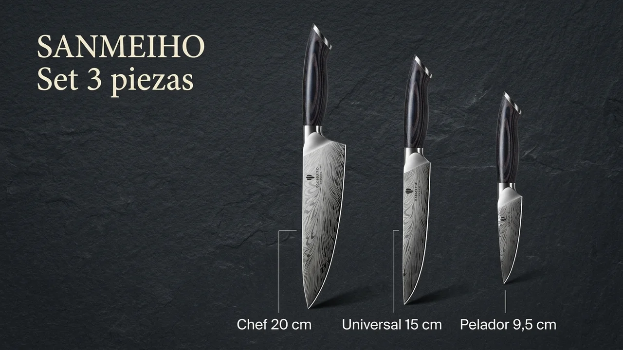 Las tres piezas del juego SANMEIHO identificadas una a una: chef de 20 cm, universal de 15 y pelador de 9,5