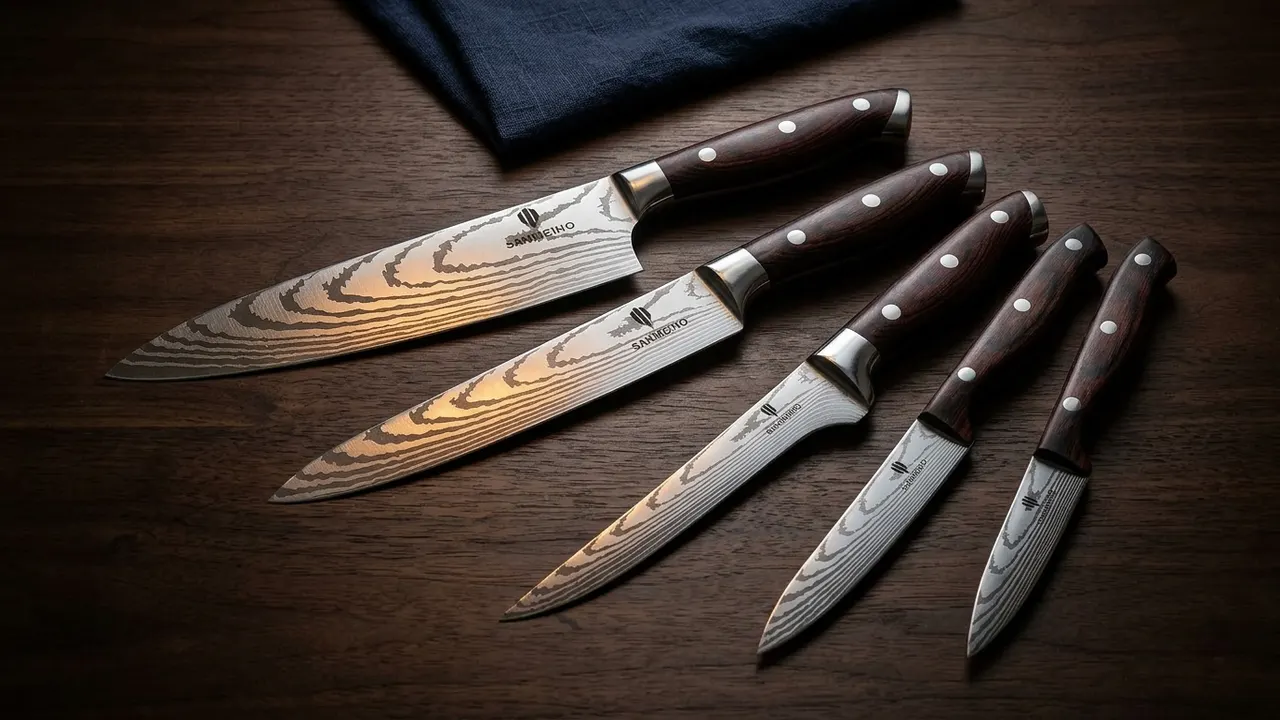 Juego de 5 cuchillos de cocina SANMEIHO con hojas de patrón damasco y mangos de pakkawood con triple remache, dispuestos en abanico sobre madera oscura