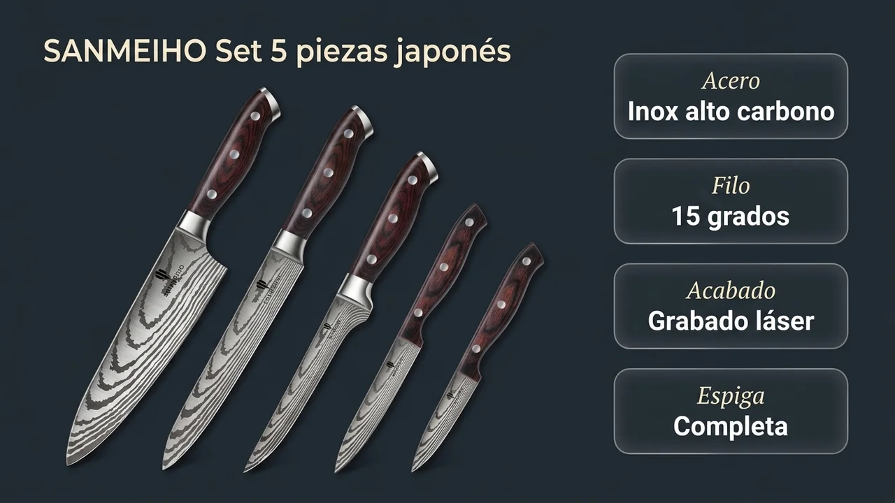 Ficha técnica del juego japonés SANMEIHO: acero inoxidable de alto carbono, filo a 15 grados, patrón de grabado láser y espiga completa