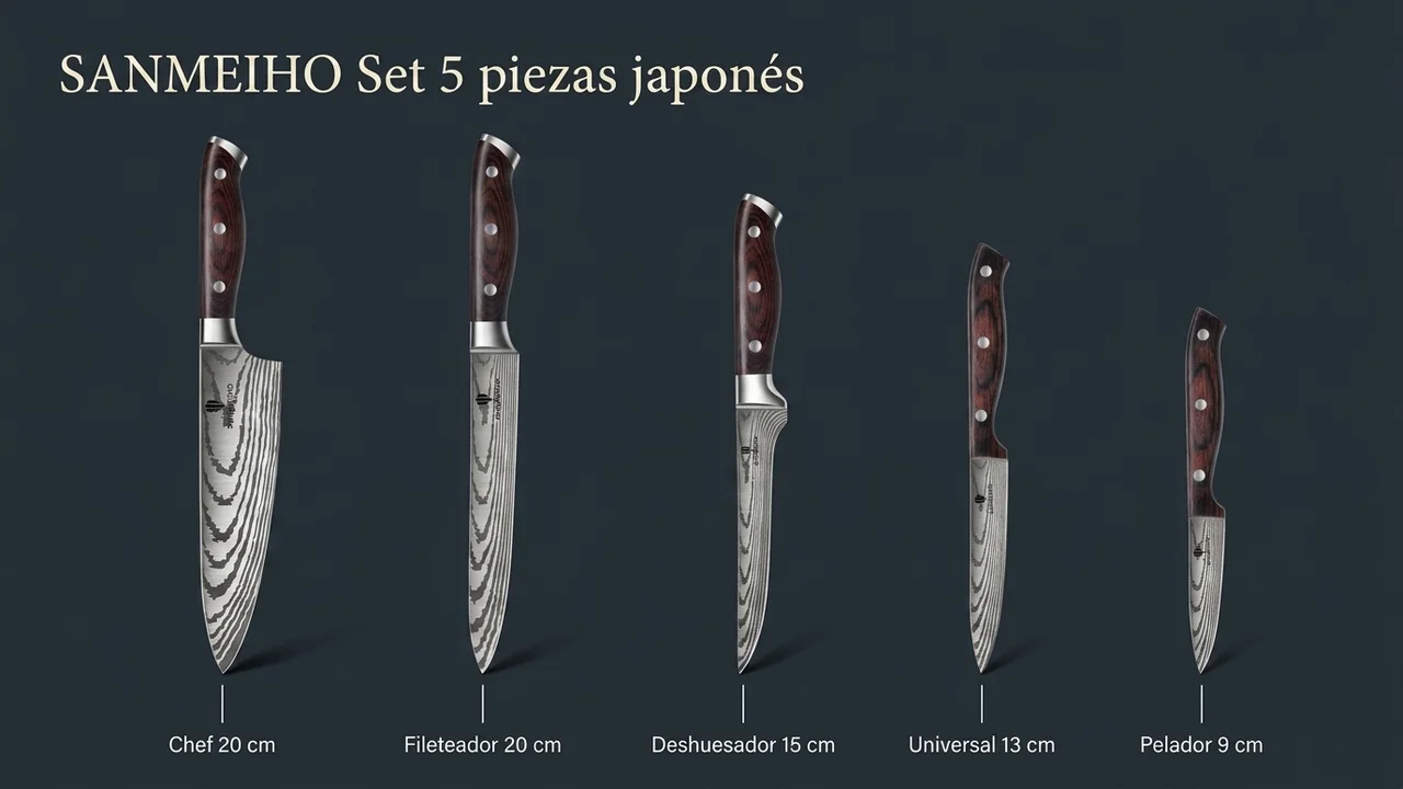 Las cinco piezas del juego japonés SANMEIHO por tamaño: chef, fileteador, deshuesador, universal y pelador, con mango de tres remaches