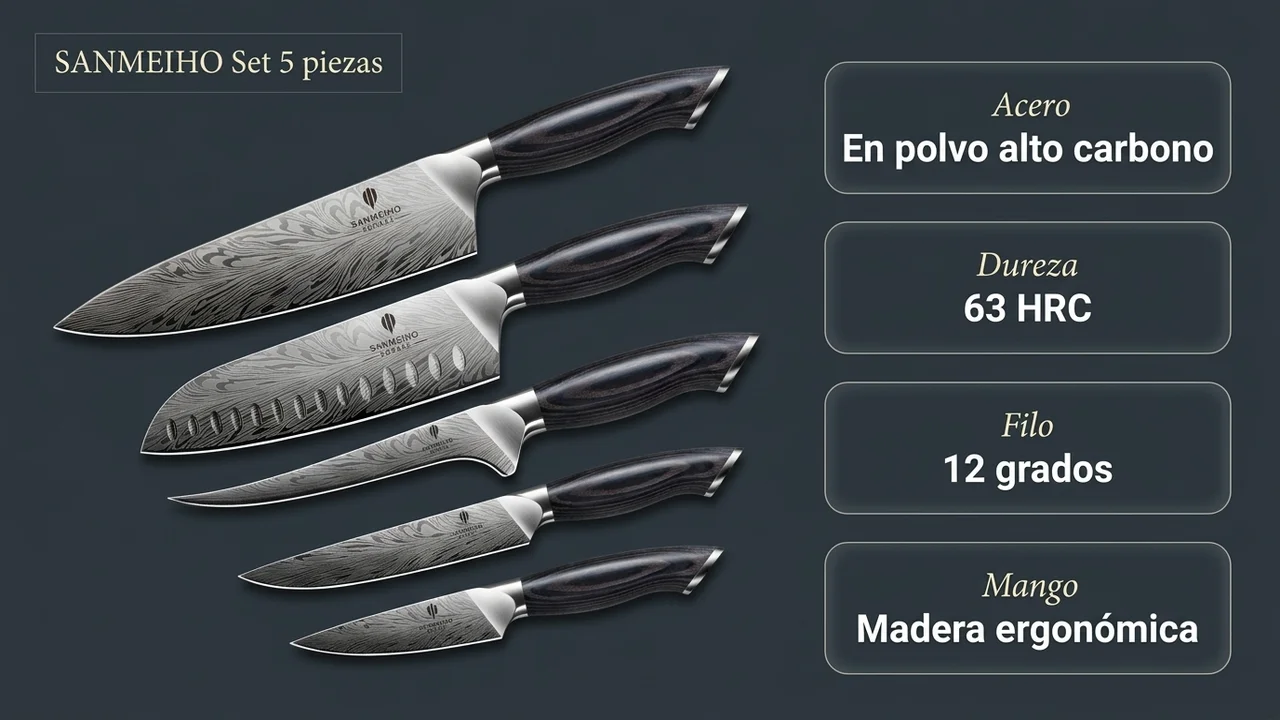 Ficha técnica del juego SANMEIHO de 5 piezas: acero en polvo de alto carbono, 63 HRC, filo a 12 grados y mango de madera ergonómico