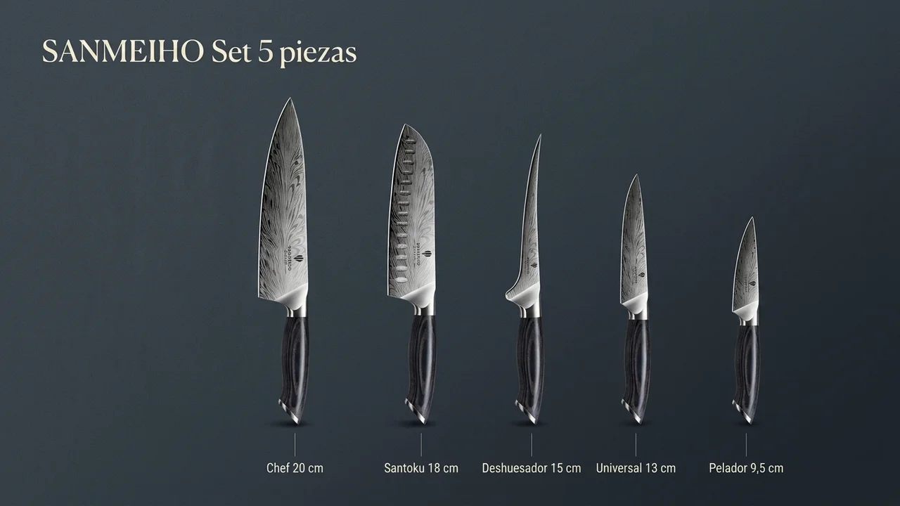 Las cinco piezas del juego SANMEIHO en fila por tamaño: chef de 20 cm, santoku de 18, deshuesador de 15, universal de 13 y pelador de 9,5