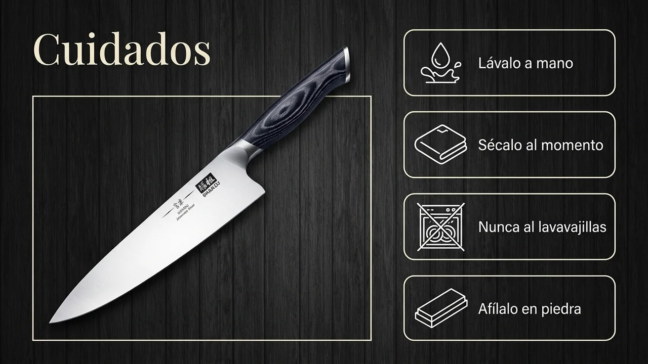 Cuidados del SHAN ZU Genbu: lavado a mano, secado al momento, nunca al lavavajillas y afilado en piedra