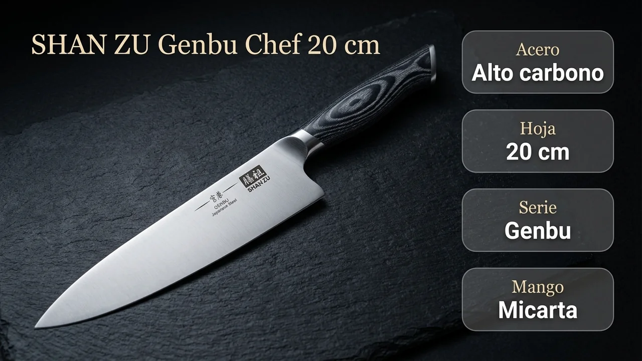 Ficha técnica del SHAN ZU Genbu: acero japonés de alto carbono, hoja de 20 cm y mango de micarta gris