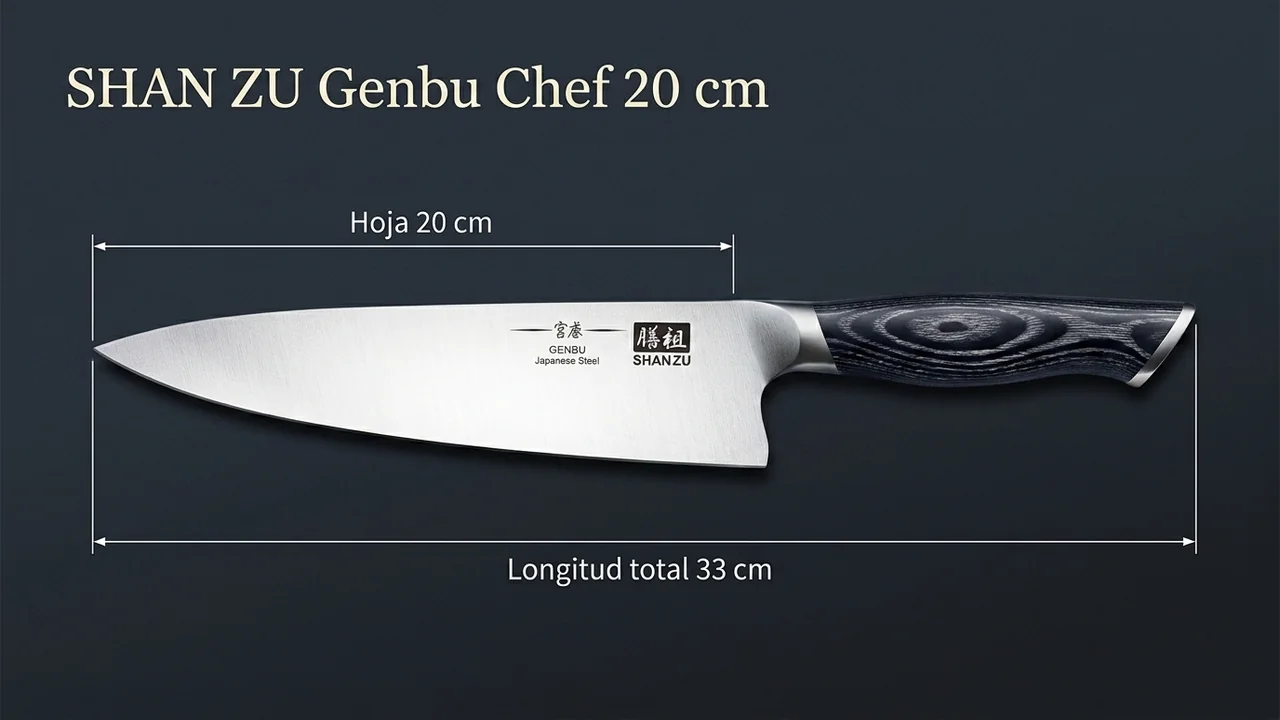 Cuchillo de chef SHAN ZU Genbu acotado con 20 cm de hoja y 33 cm de longitud total sobre madera oscura