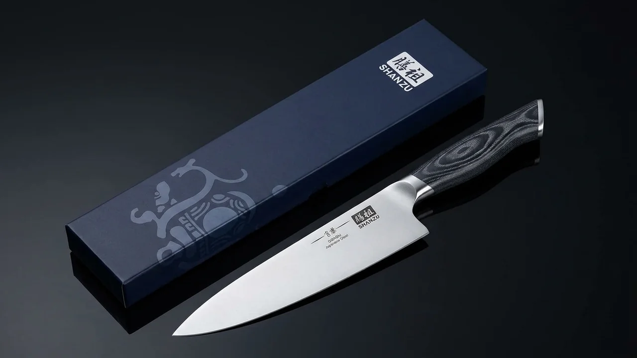 El cuchillo de chef SHAN ZU Genbu junto a su estuche azul marino con el kanji de la marca