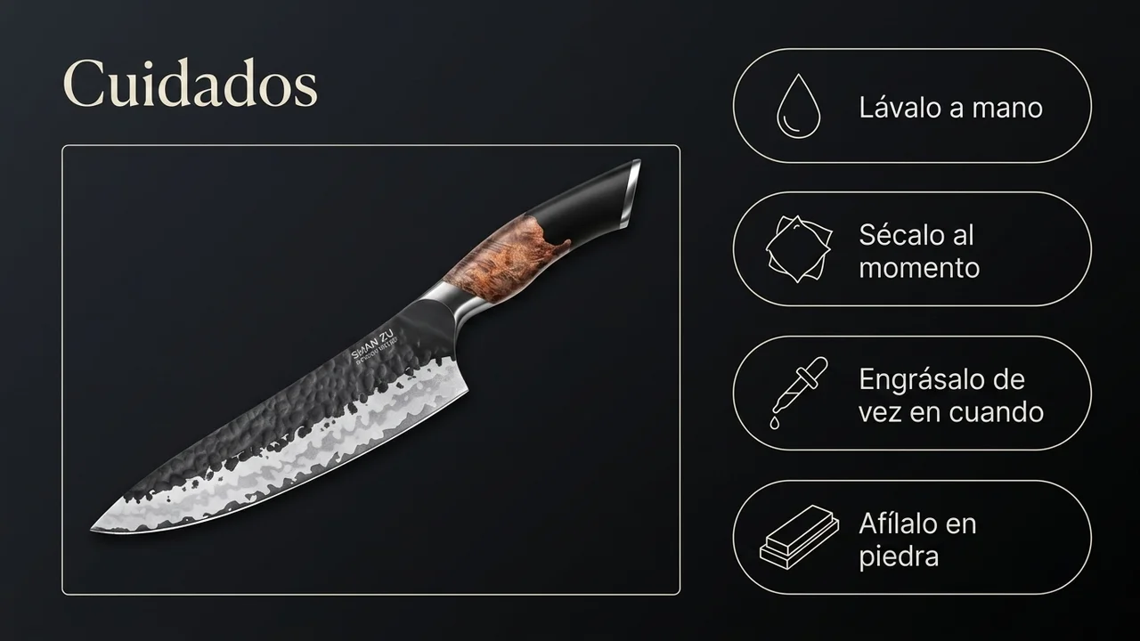 Cuidados del gyuto SHAN ZU forjado: lavar a mano, secar al momento, engrasar el acero y afilar en piedra