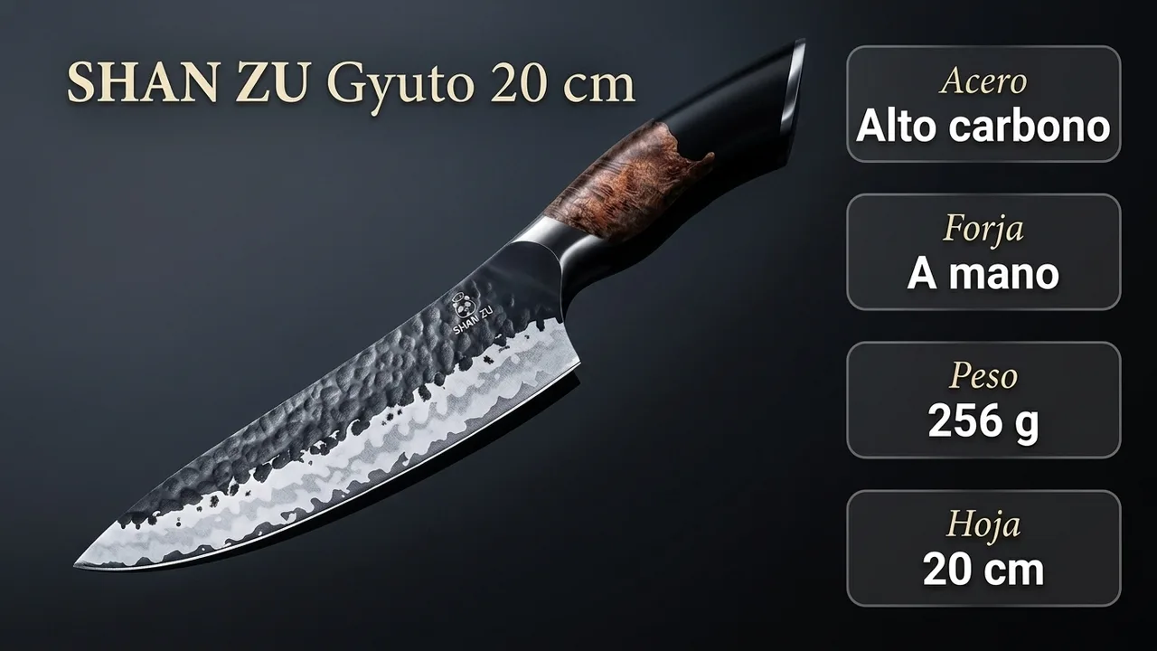 Datos del gyuto SHAN ZU: acero de alto carbono forjado a mano, 256 gramos y hoja de 20 cm