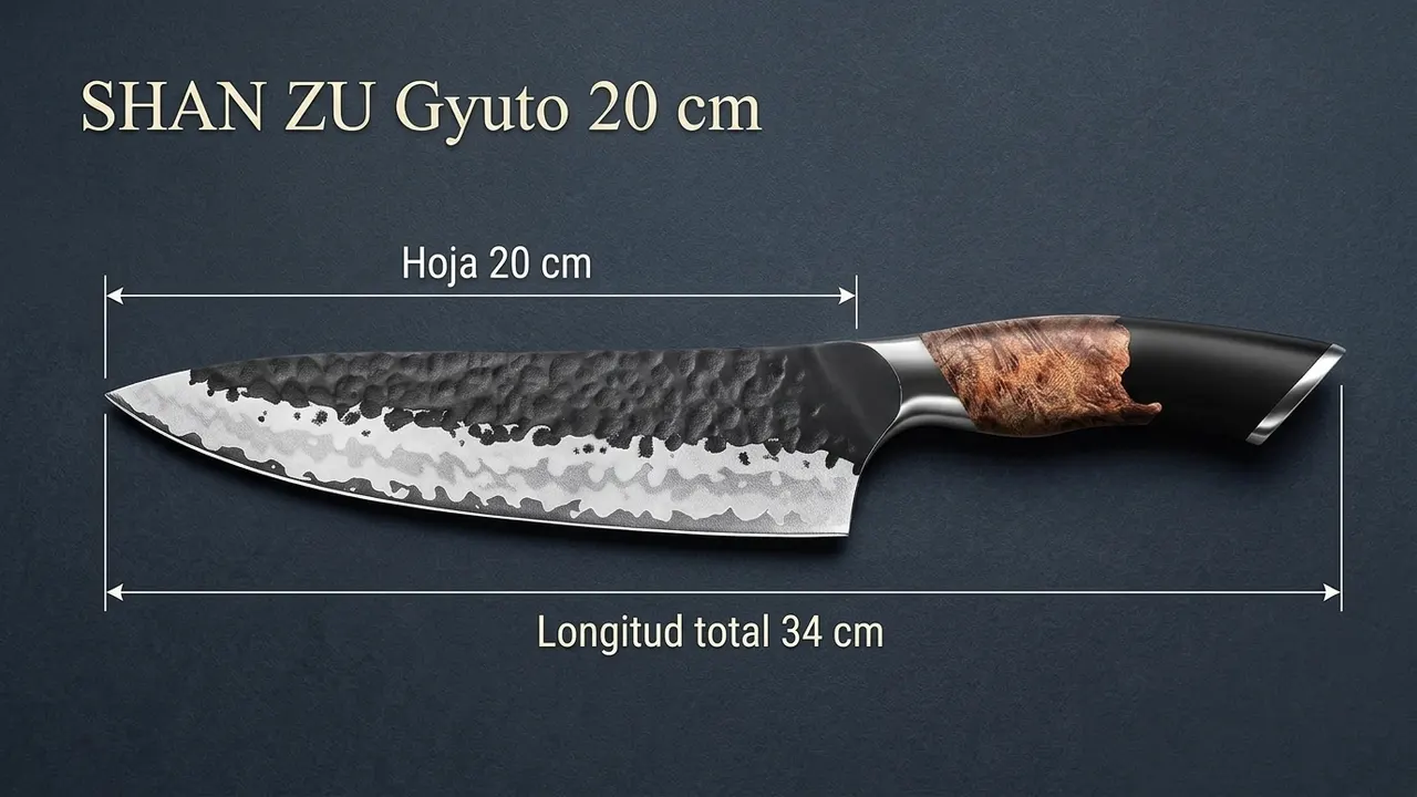 Gyuto SHAN ZU forjado a mano acotado: hoja martillada de 20 cm y 34 cm de longitud total
