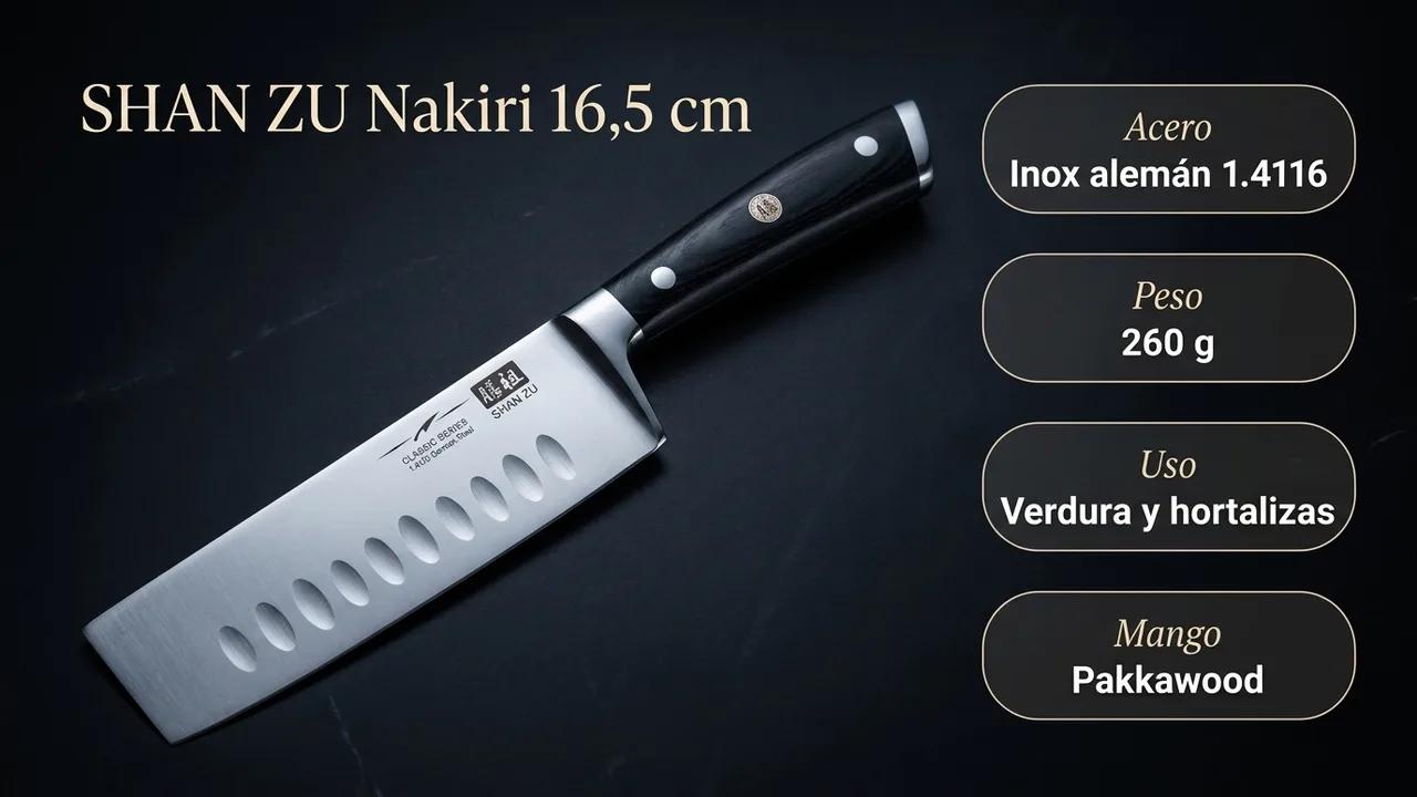 Datos del nakiri SHAN ZU: acero inoxidable alemán 1.4116, 260 gramos, para verdura y hortalizas, con mango de pakkawood