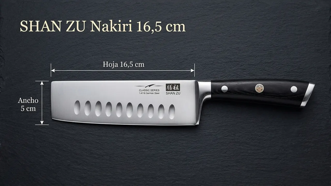 Nakiri SHAN ZU acotado: hoja recta de 16,5 cm de largo y 5 cm de alto