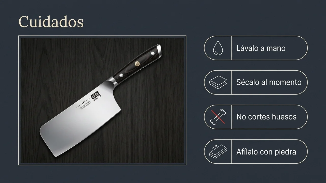 Cuidados del hacha de cocina SHAN ZU: lavarla a mano, secarla al momento, no cortar huesos y afilarla con piedra