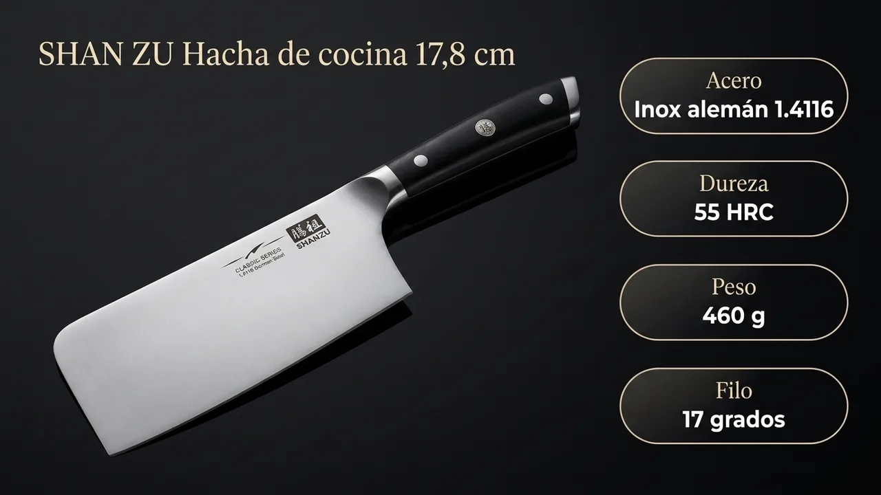 Datos del hacha de cocina SHAN ZU: acero inoxidable alemán 1.4116 a 55 HRC, 460 gramos y filo a 17 grados