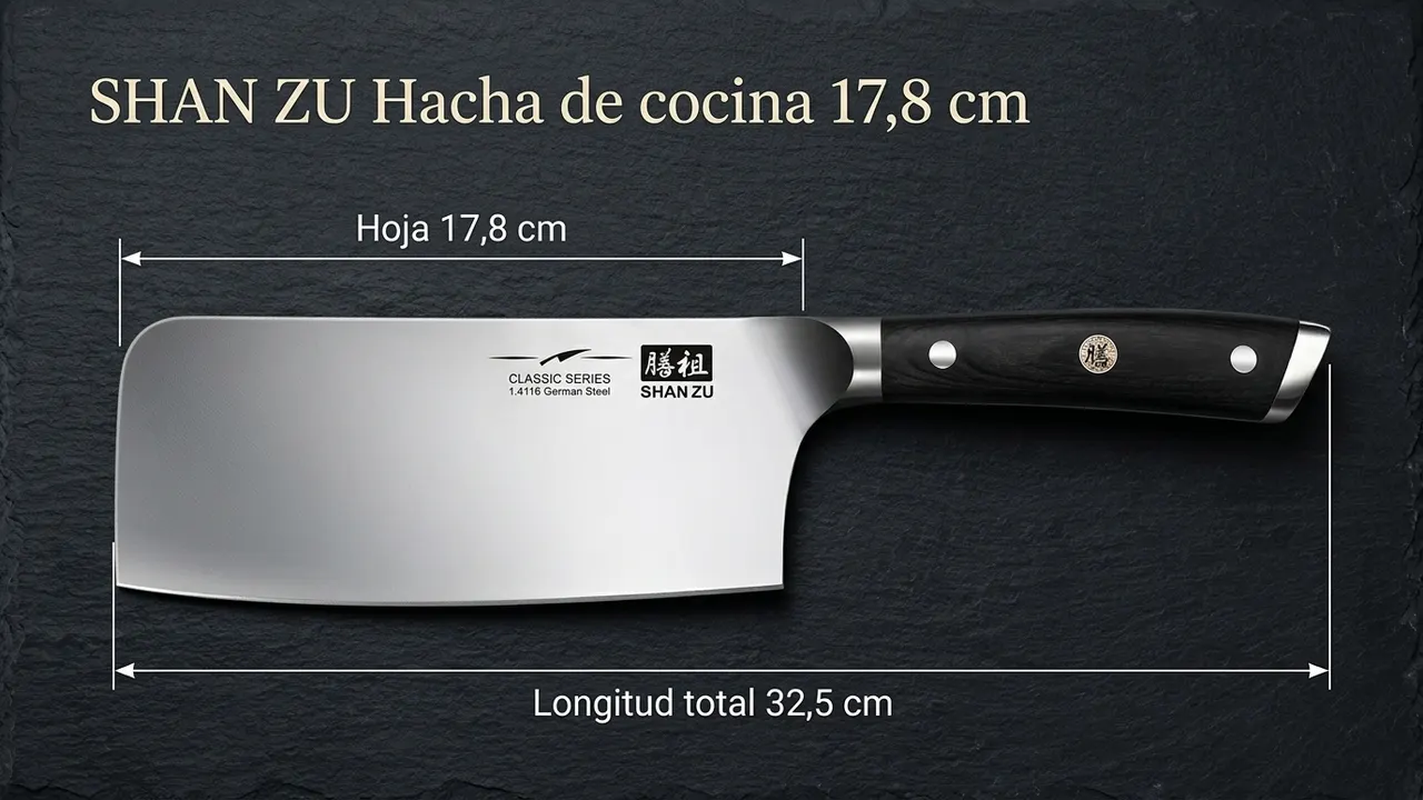 Hacha de cocina SHAN ZU acotada: hoja de 17,8 cm y 32,5 cm de longitud total