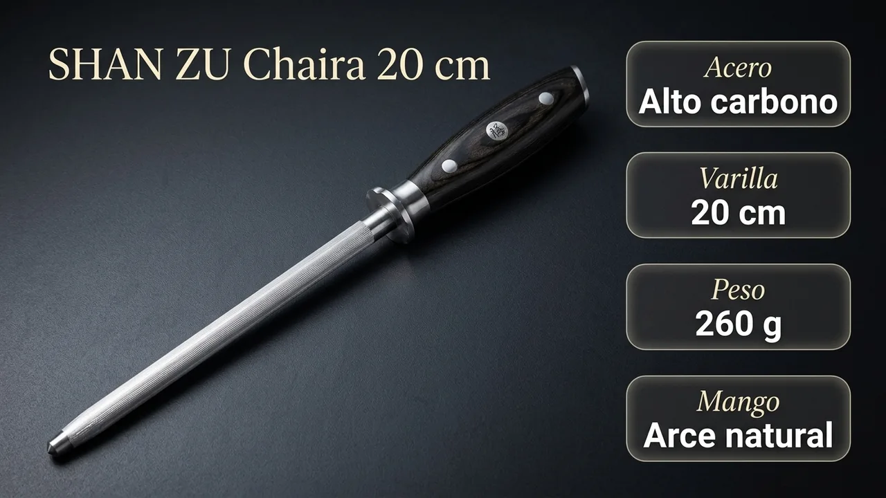Datos de la chaira SHAN ZU Classic: acero al alto carbono, varilla de 20 cm, 260 gramos y mango de arce natural
